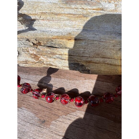 Vintage Red Murano Glass Bead Necklace With Floral Accents and Brass Spacers - Picture 2 of 6